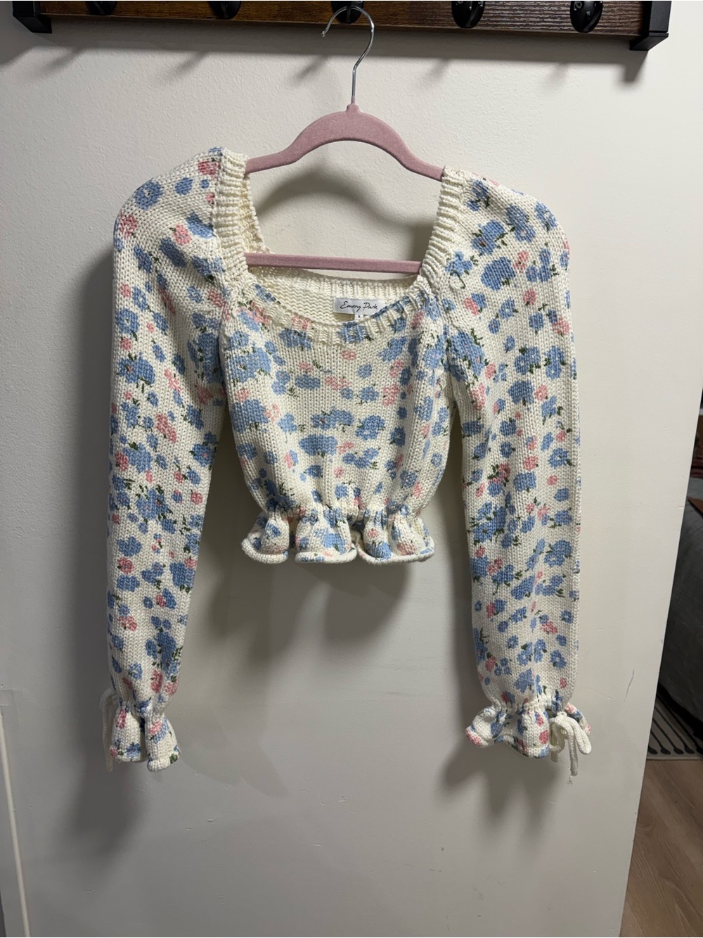 emory park Cream Floral Square-Neck Crop Sweater with Blue & Pink Flowers